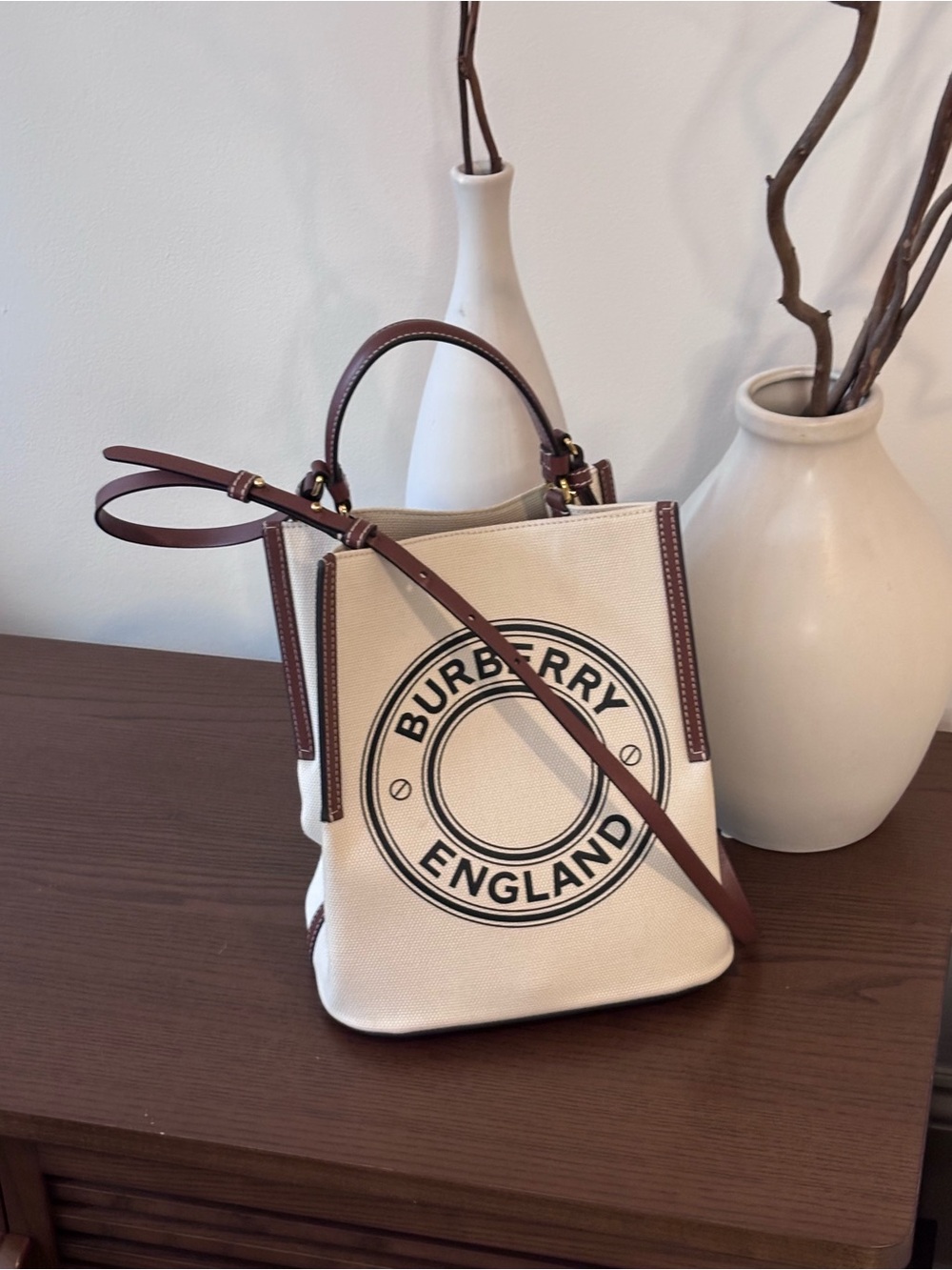 Burberry Canvas Crossbody Tote in Cream and Brown Trim